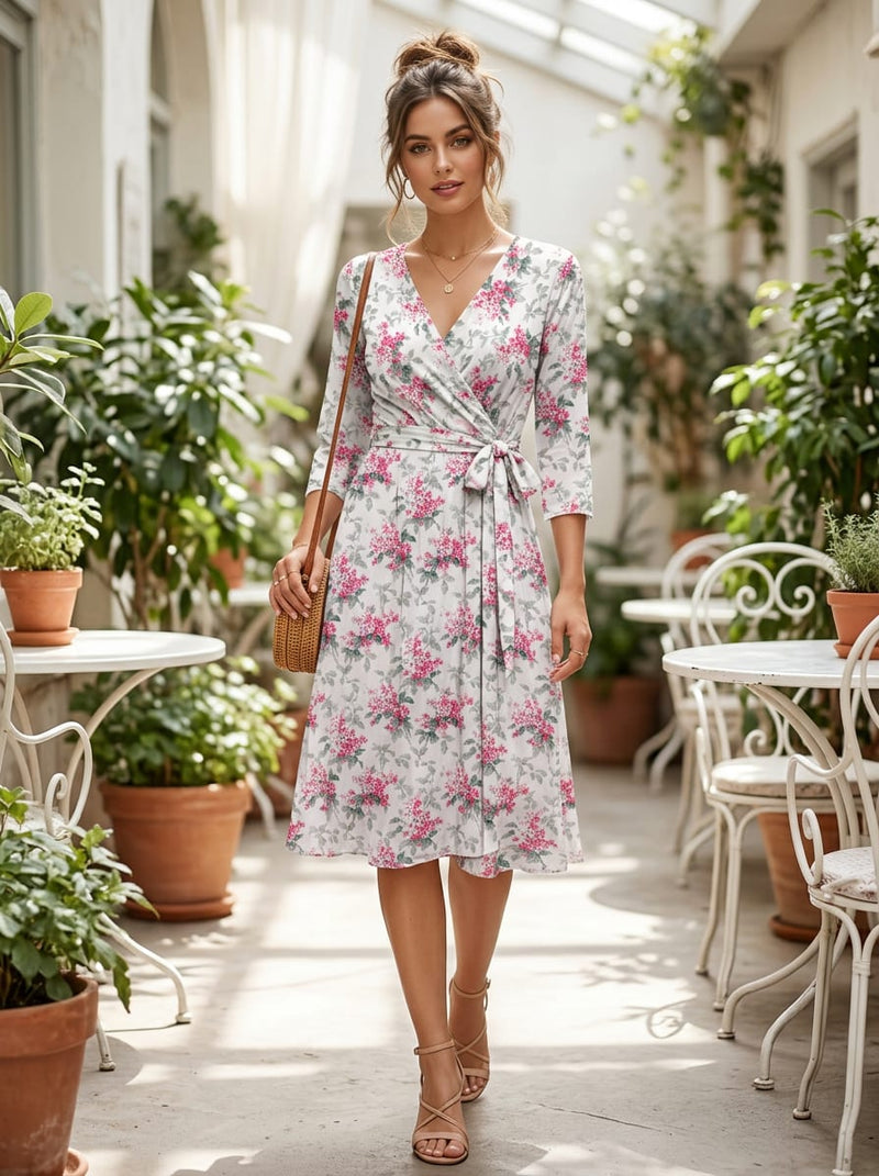 Pink Dainty Floral Bouquets Silk Crepe Digital Printed Fabric