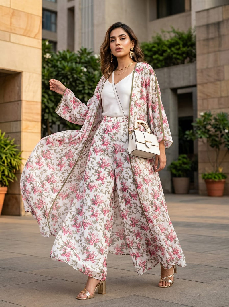 Pink and White Ditsy Floral Vine Pure Georgette Digital Printed Fabric