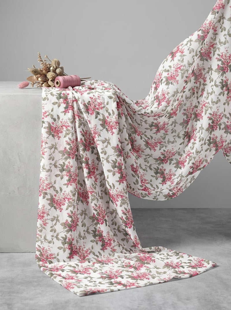 Pink and White Ditsy Floral Vine Pure Georgette Digital Printed Fabric