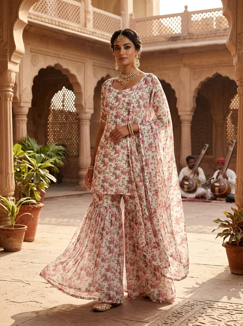 Pink and White Ditsy Floral Vine Pure Georgette Digital Printed Fabric