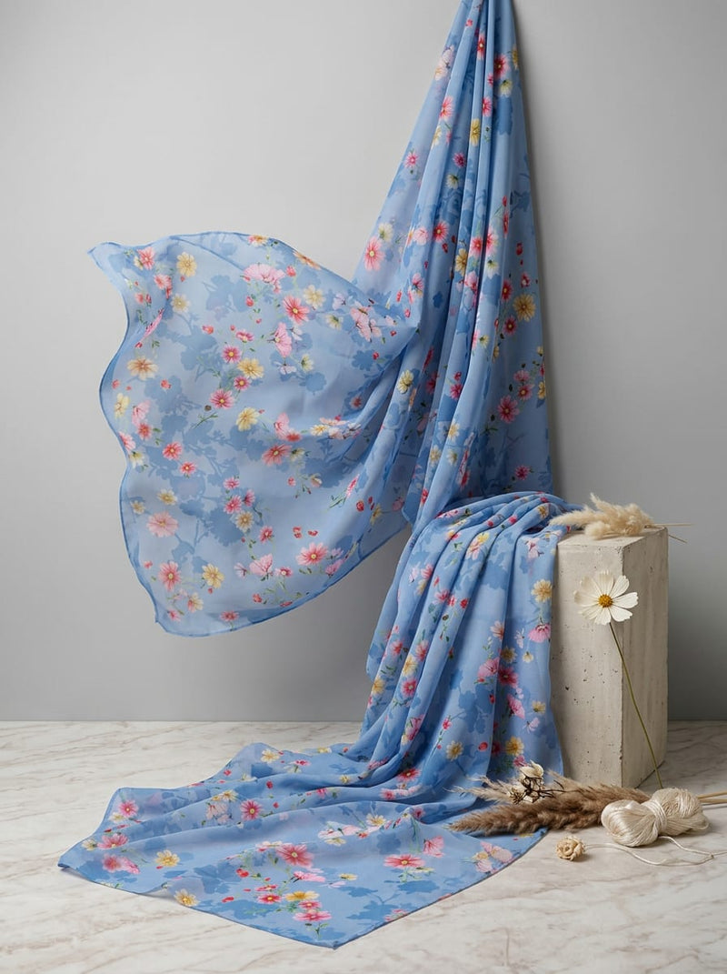 Blue Ditsy Cosmos Floral Weightless Digital Printed Fabric