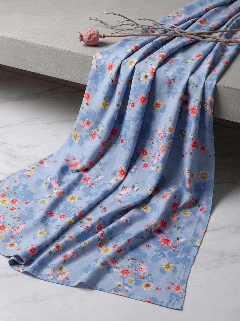 Blue Scattered Wildflower Garden Rayon Digital Printed Fabric