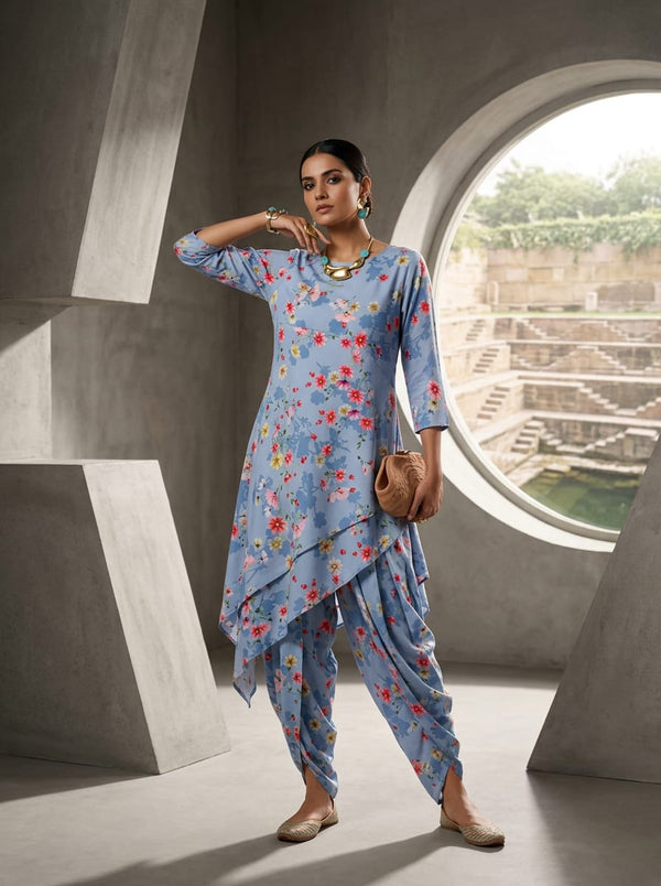Blue Scattered Wildflower Garden Rayon Digital Printed Fabric - Asymmetric Tunic with Dhoti Pants Lookbook - RA-0-MA016817-110 - alternate view