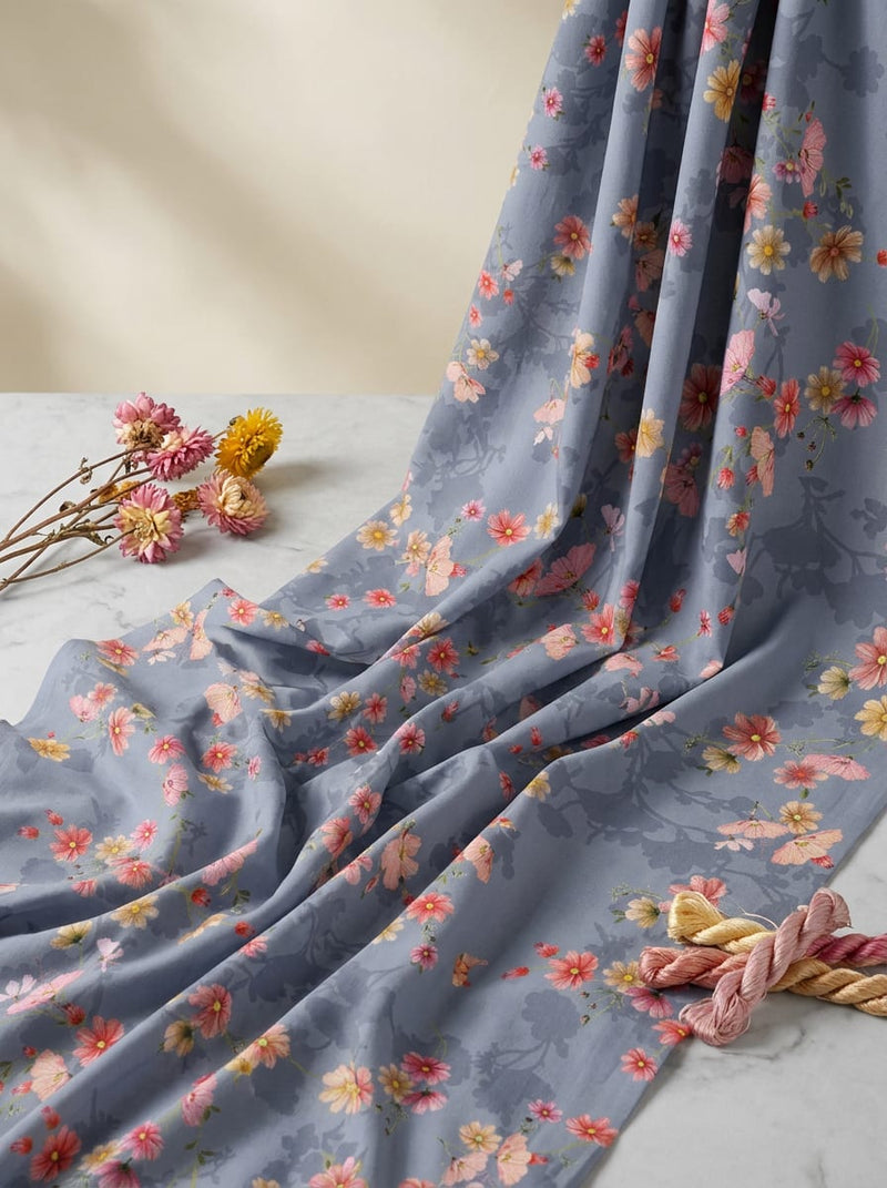 Grey Scattered Ditsy Floral Pure Cotton Digital Printed Fabric