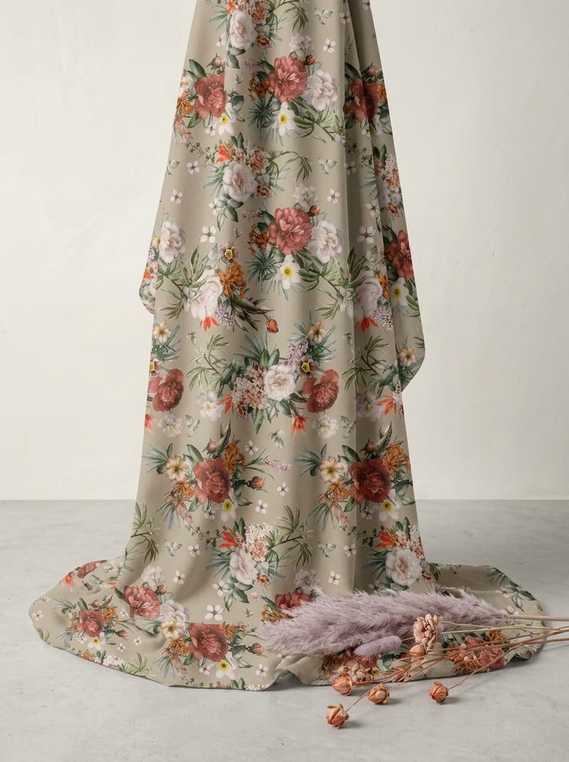 Cream Vintage Botanical Floral Rayon Digital Printed Fabric