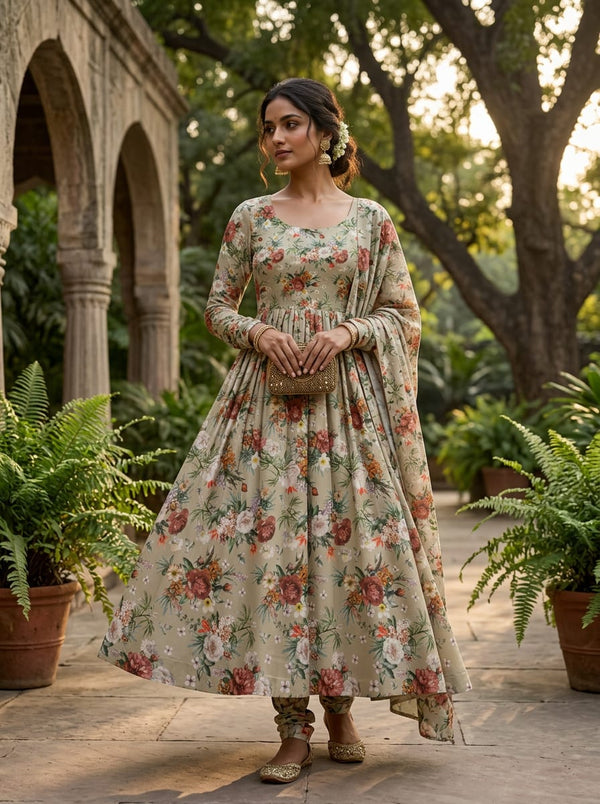 Cream Vintage Botanical Floral Silk Crepe Digital Printed Fabric - Anarkali Kurta Set Lookbook - CR-0-MA016832-110 - alternate view