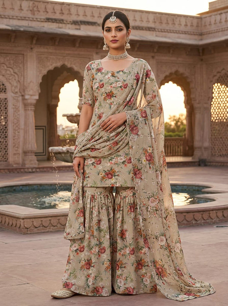 Grey Vintage Botanical Floral Pure Georgette Digital Printed Fabric