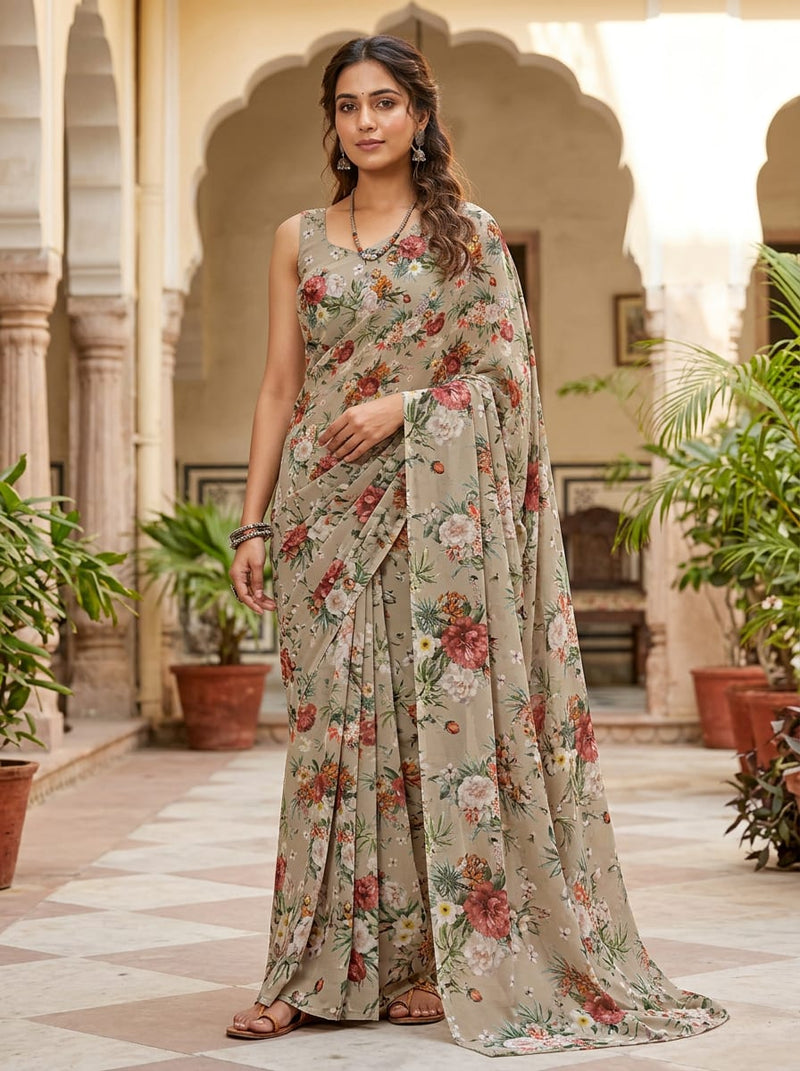 Grey Vintage Botanical Floral Pure Georgette Digital Printed Fabric