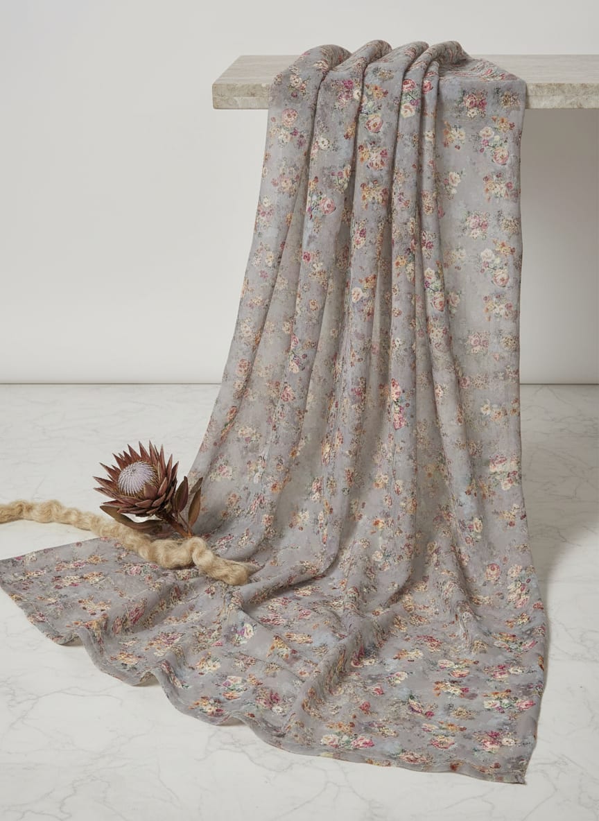 Beautiful Gradient Poppy And Orchid Flower Digital Printed Fabric - Kora Silk
