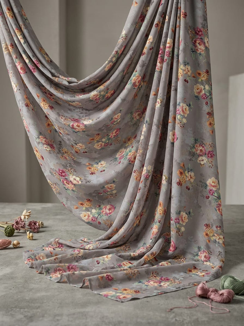 Grey Small Floral Bouquets Weightless Digital Printed Fabric