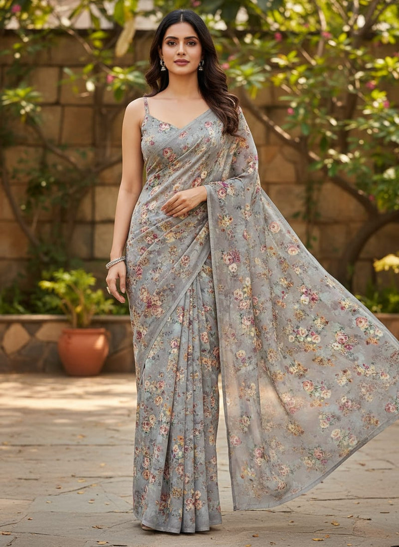 Grey Small Floral Bouquets Silk Crepe Digital Printed Fabric