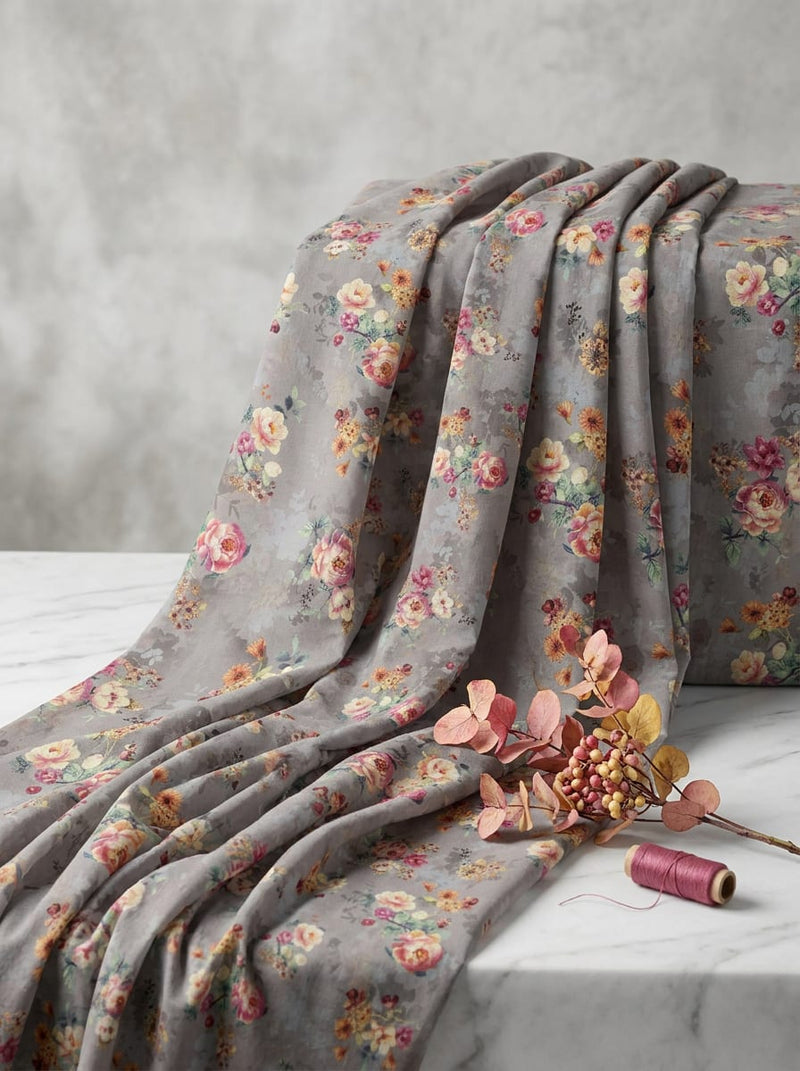 Grey Dainty Vintage Floral Bouquet Pure Cotton Digital Printed Fabric