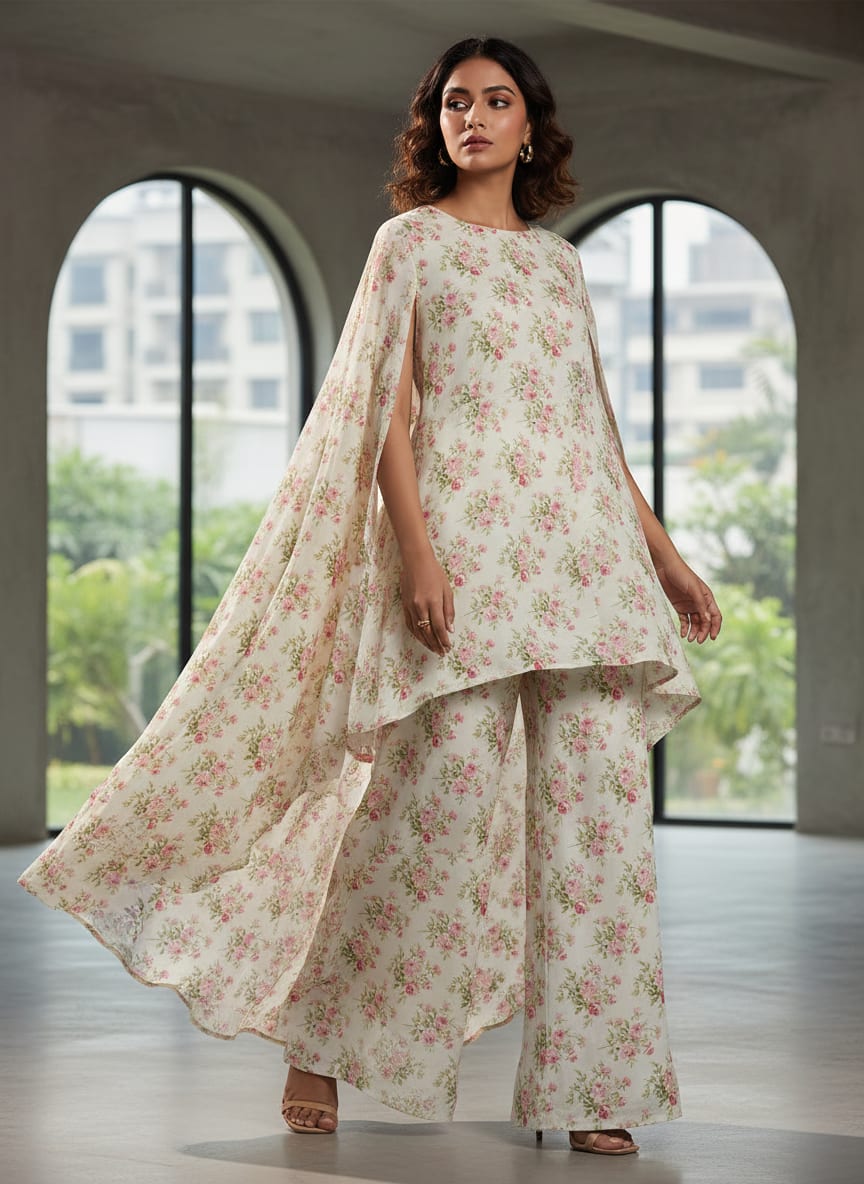 Cream Dainty Rose Bouquet Floral Weightless Digital Printed Fabric