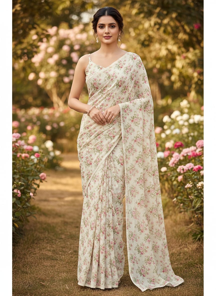 Cream Dainty Rose Bouquet Floral Weightless Digital Printed Fabric