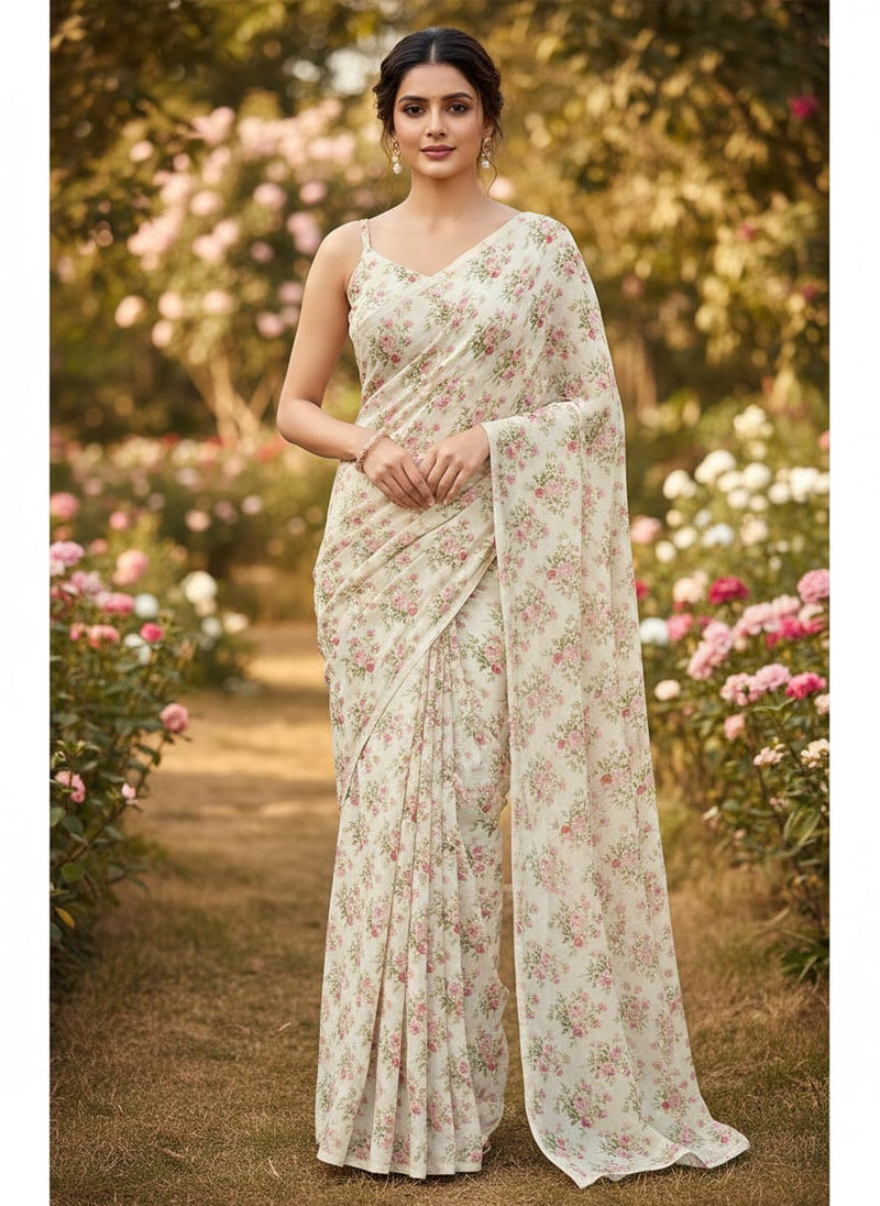 Cream Dainty Rose Bouquet Floral Weightless Digital Printed Fabric
