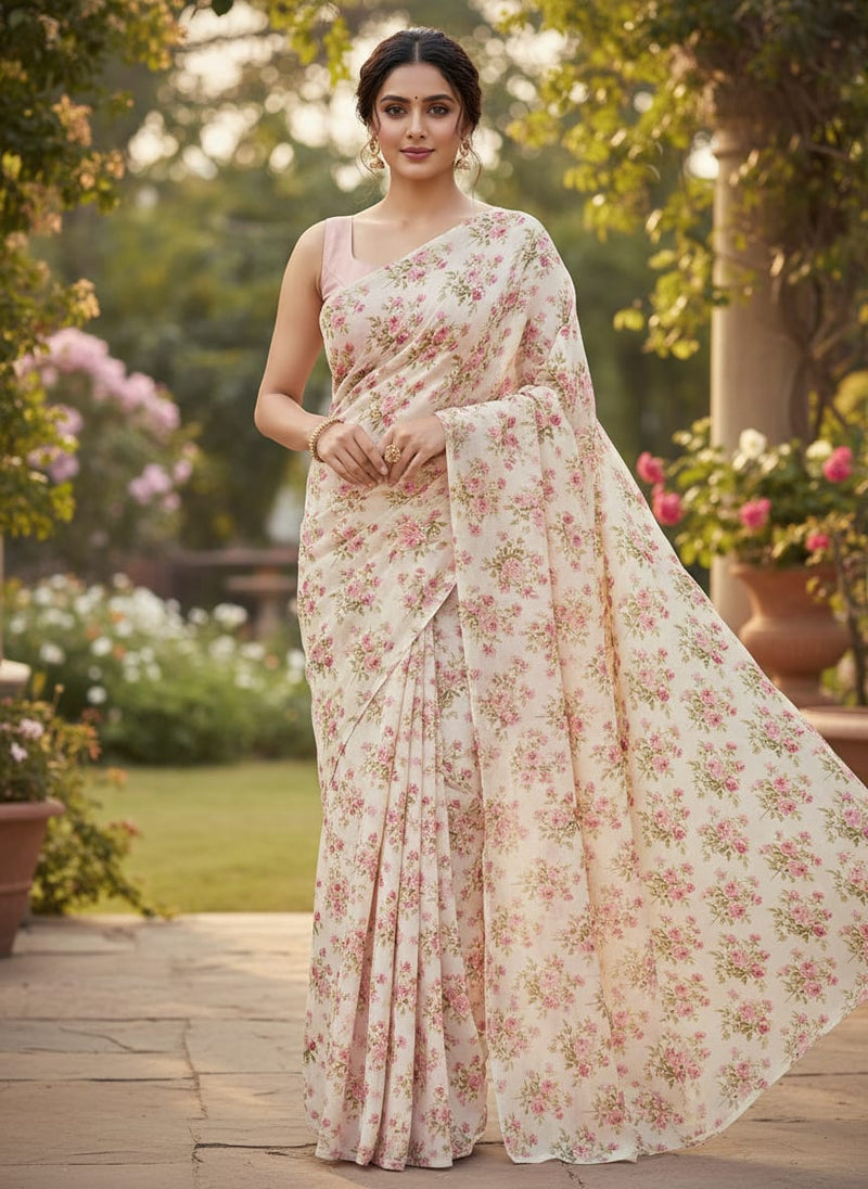 Attractive Summer Pink Roses Seamless Digital Printed Fabric - Rayon