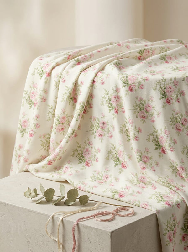Cream Dainty Rose Bouquet Floral Rayon Digital Printed Fabric - Fabric Editorial Studio Flatlay Lookbook - RA-0-MA016936-110