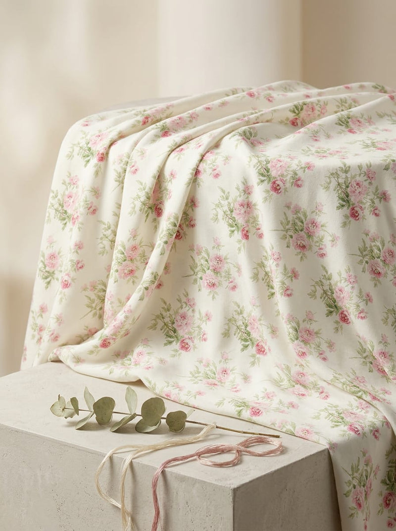 Cream Dainty Rose Bouquet Floral Rayon Digital Printed Fabric