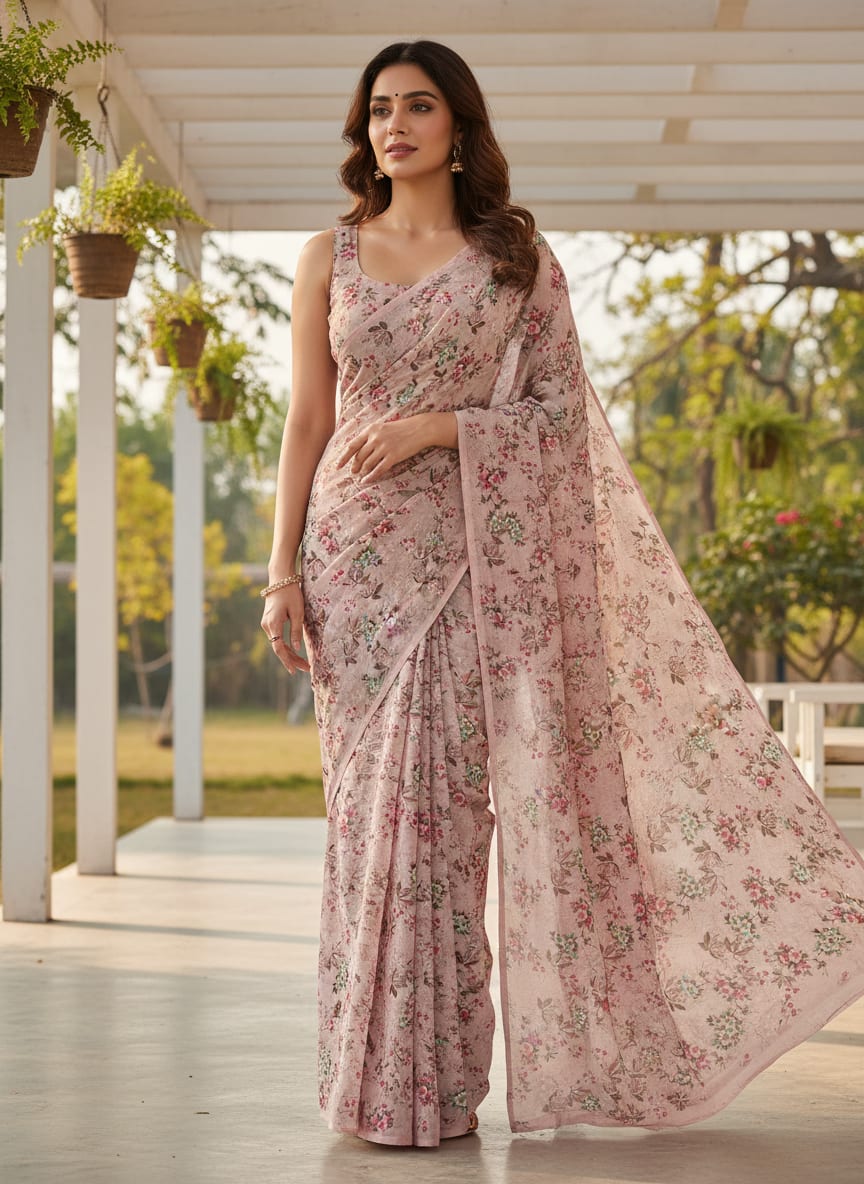 Tiny Sunflower Pista With Mandys Pink Digital Printed Fabric - Kora Silk