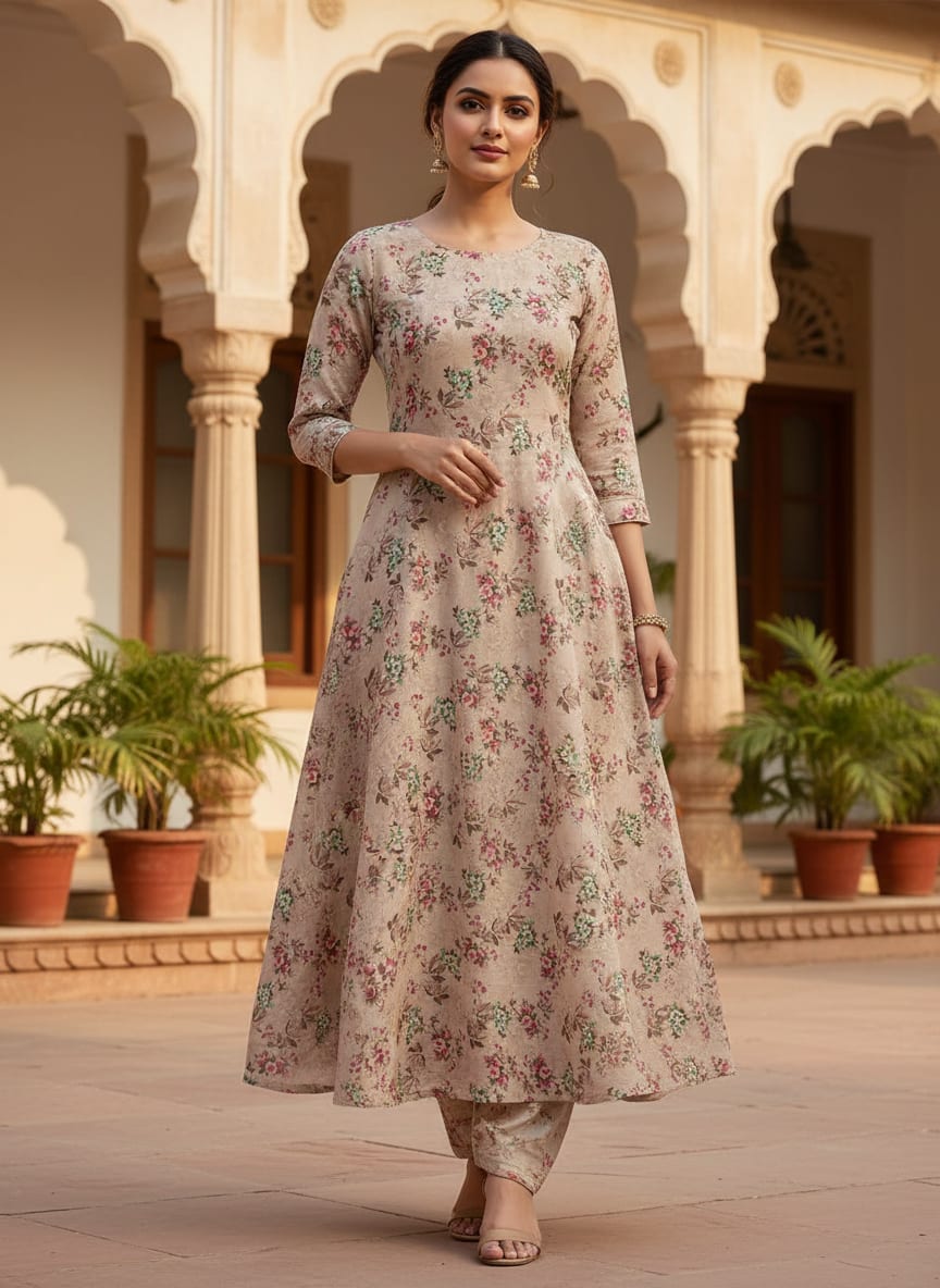 Tiny Sunflower Pista With Mandys Pink Digital Printed Fabric - Kora Silk