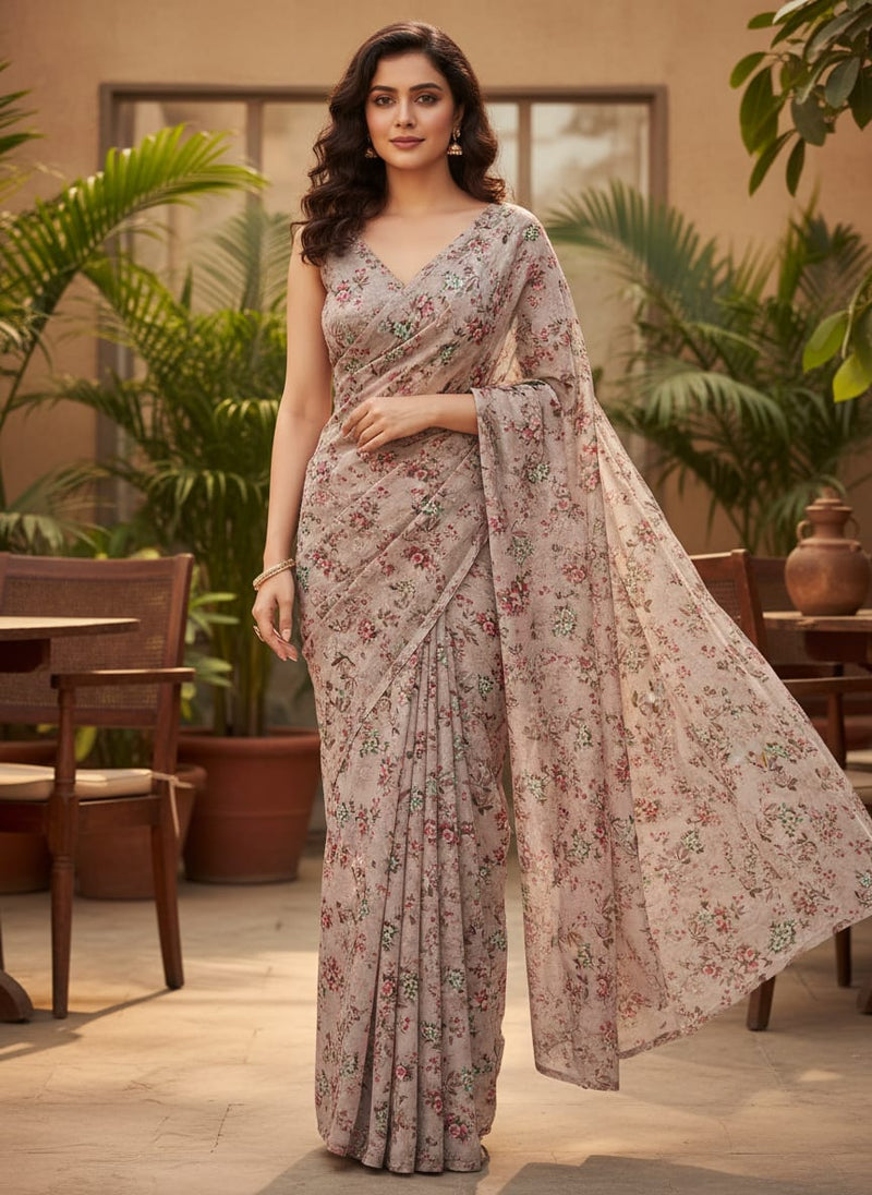 Tiny Sunflower Pista With Mandys Pink Digital Printed Fabric - Silk Crepe