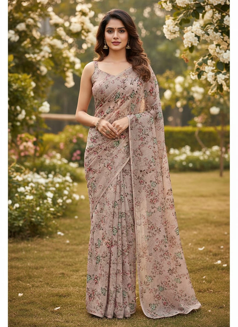 Tiny Sunflower Pista With Mandys Pink Digital Printed Fabric - Pure Georgette