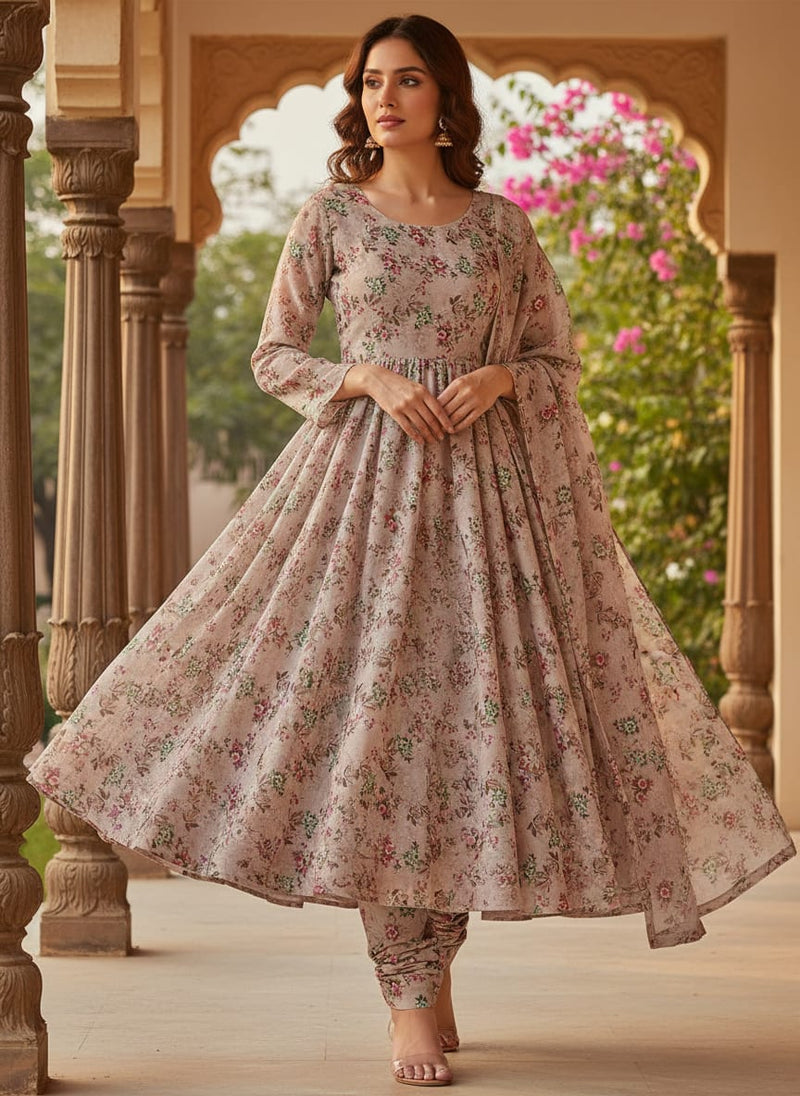 Tiny Sunflower Pista With Mandys Pink Digital Printed Fabric - Pure Georgette