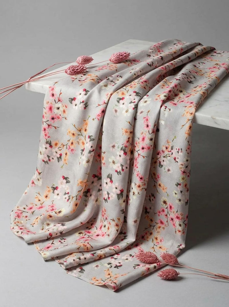 Grey Dainty Cherry Blossom Floral Kora Silk Digital Printed Fabric