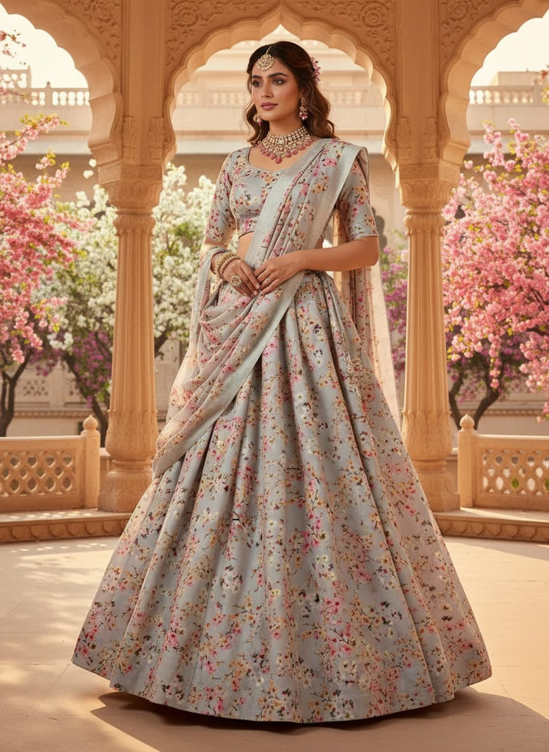 Beautiful Ditsy Gold Sand With Pot Pourri Colour Digital Printed Fabric - Kora Silk