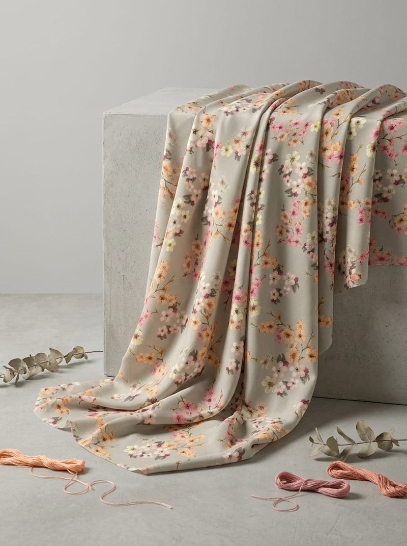 Grey Dainty Blossom Floral Weightless Digital Printed Fabric