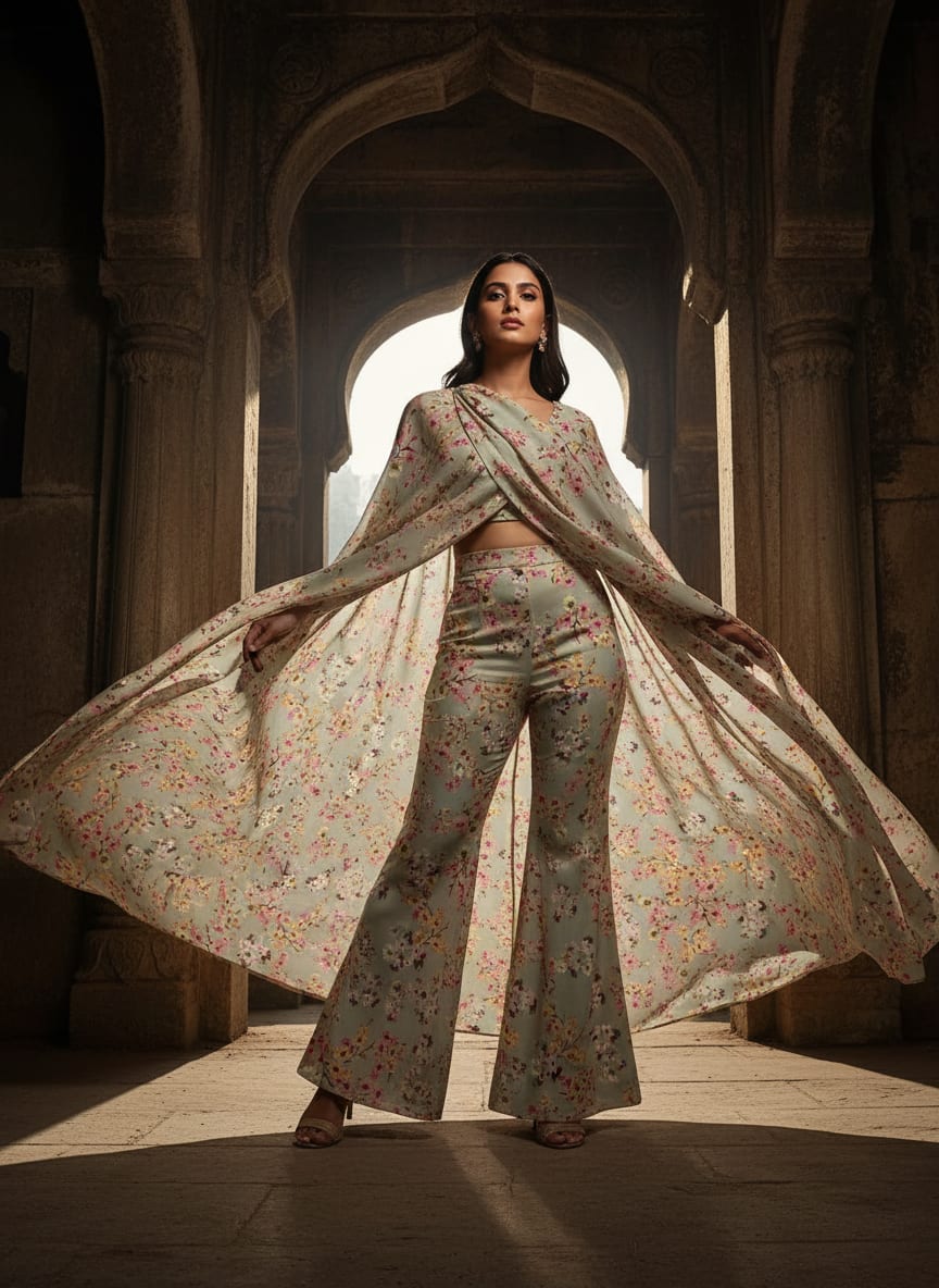 Beautiful Ditsy Gold Sand With Pot Pourri Colour Digital Printed Fabric - Silk Crepe