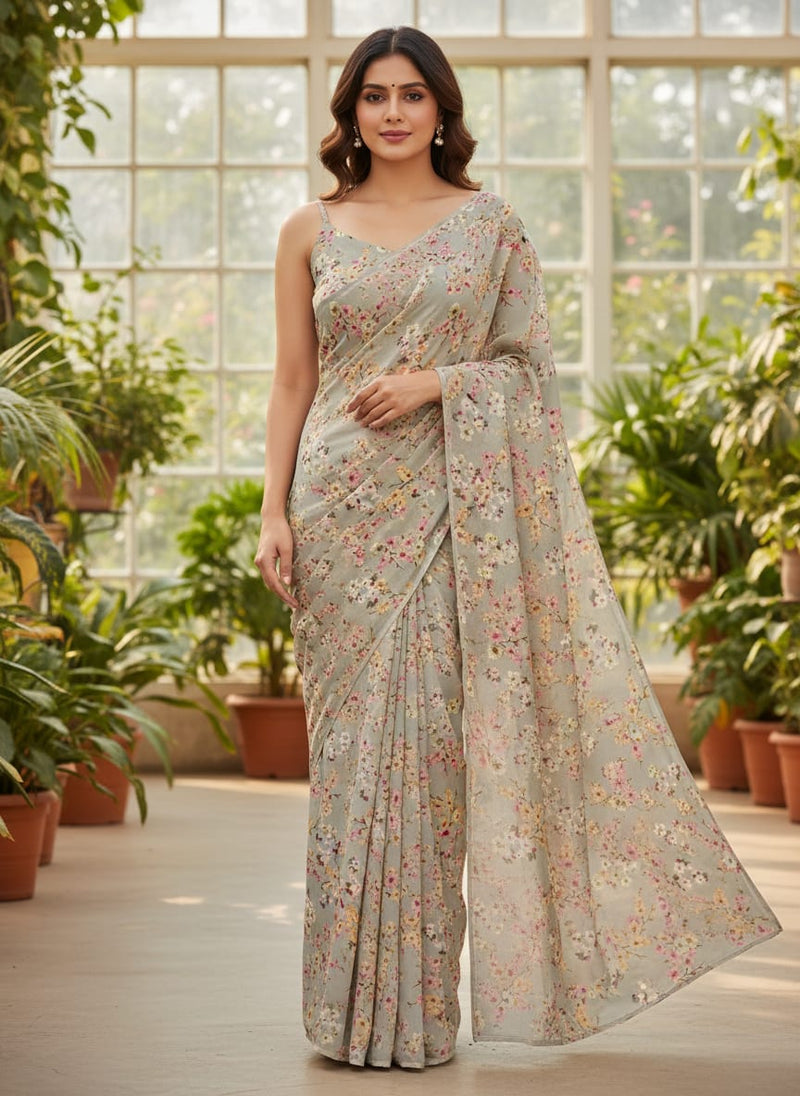 Beautiful Ditsy Gold Sand With Pot Pourri Colour Digital Printed Fabric - Silk Crepe