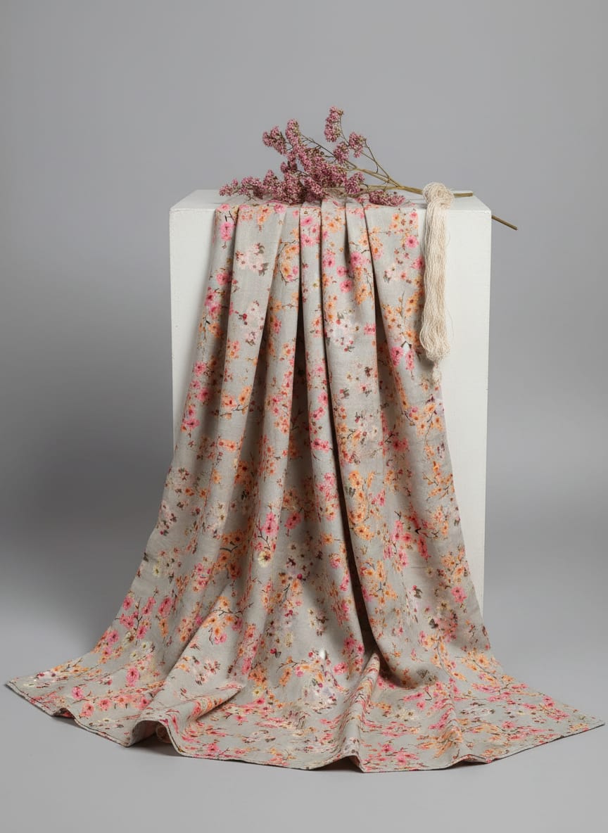 Grey Ditsy Cherry Blossom Floral Pure Cotton Digital Printed Fabric
