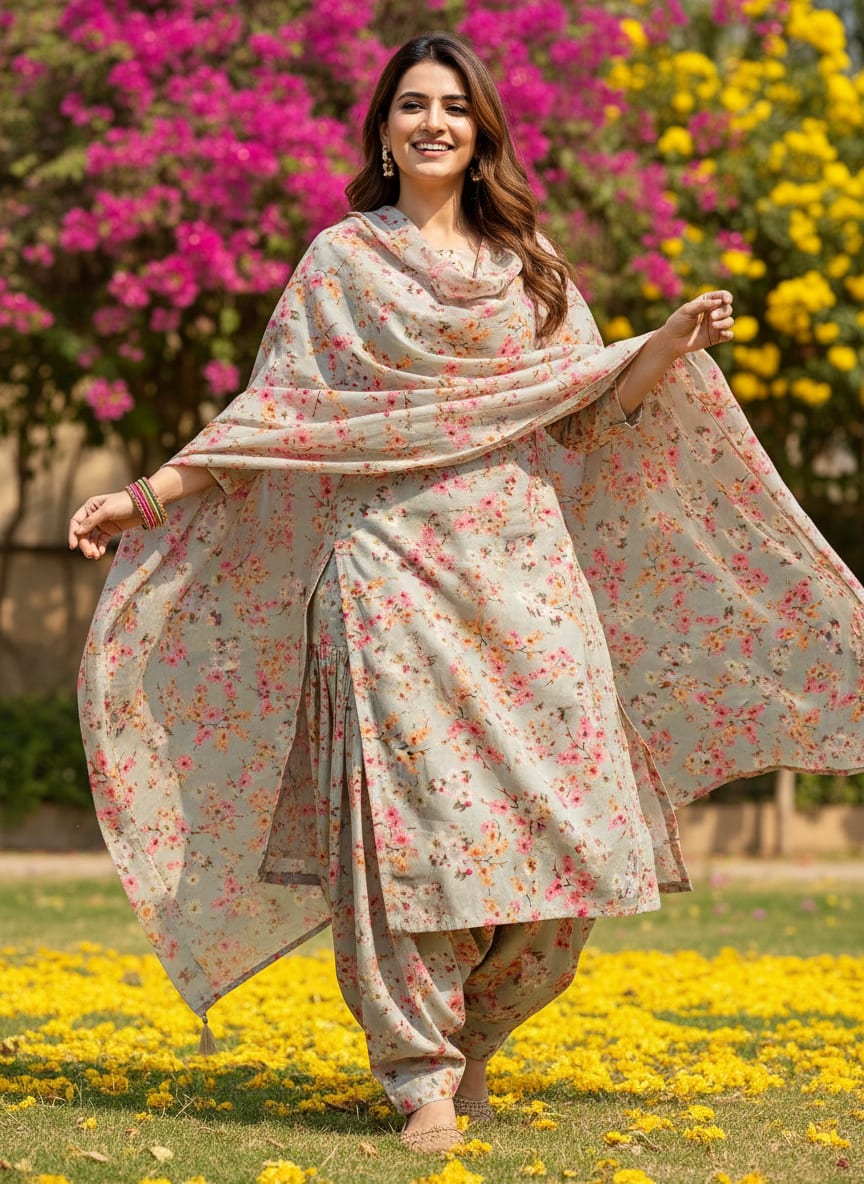 Beautiful Ditsy Gold Sand With Pot Pourri Colour Digital Printed Fabric - Cotton