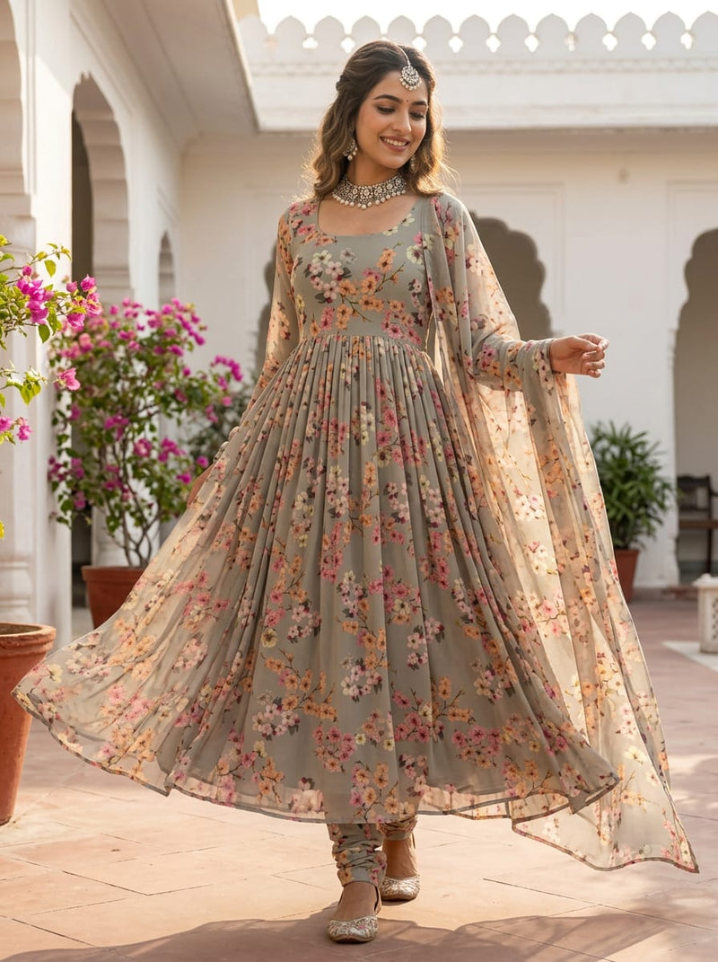 Grey Dainty Cherry Blossom Floral Pure Georgette Digital Printed Fabric