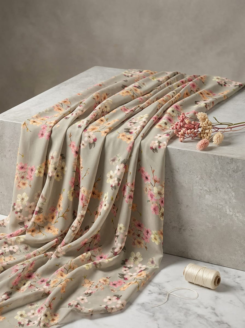 Grey Dainty Cherry Blossom Floral Pure Georgette Digital Printed Fabric