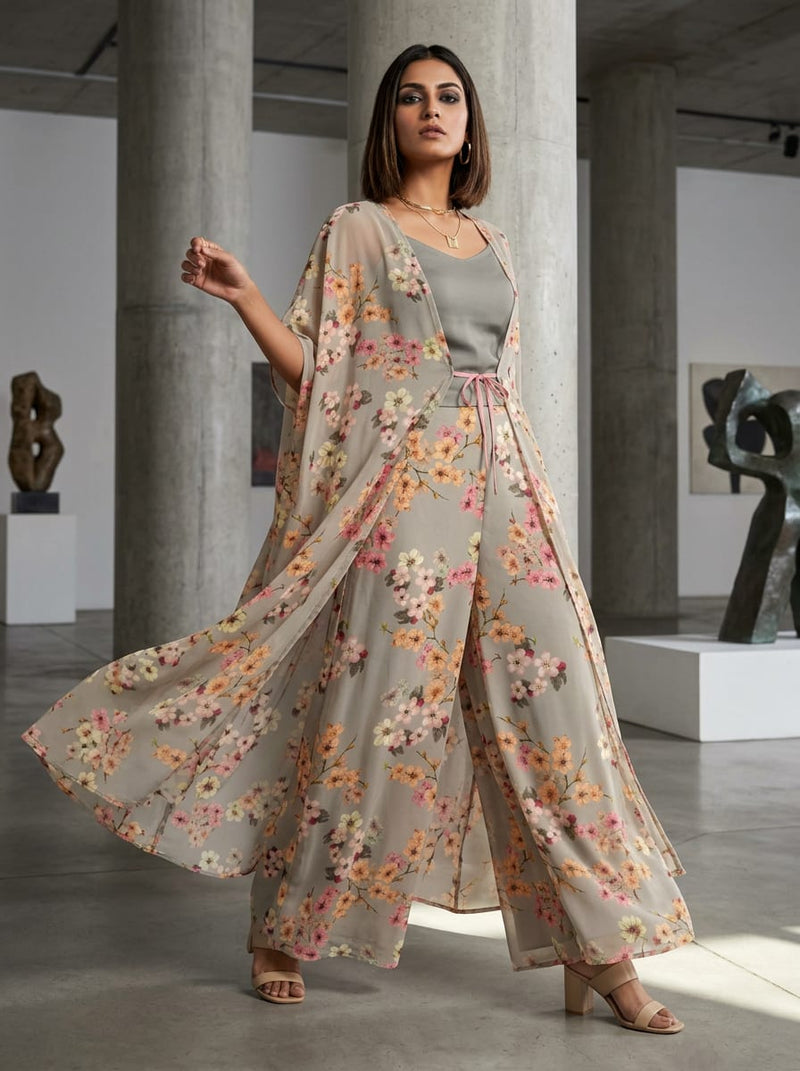 Grey Dainty Cherry Blossom Floral Pure Georgette Digital Printed Fabric