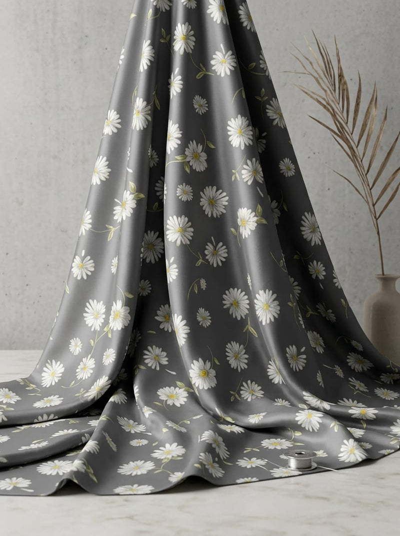 Grey Dainty Daisy Floral Japan Satin Digital Printed Fabric