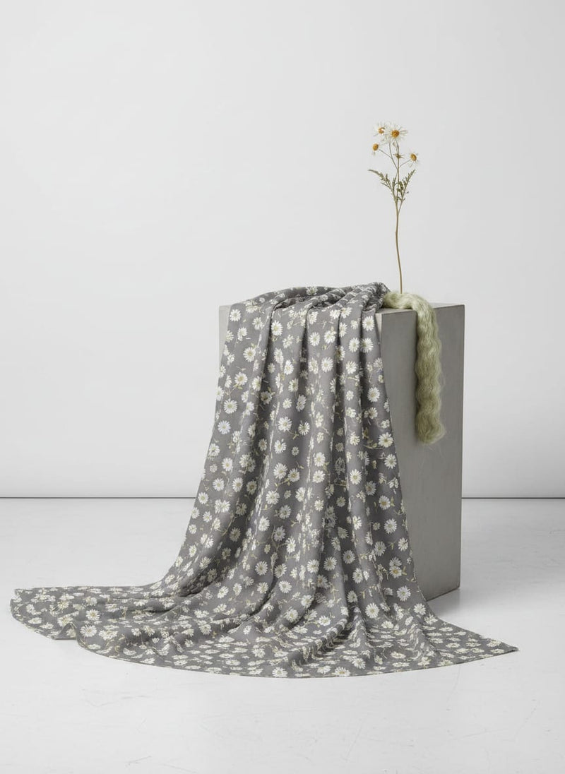 Grey Ditsy Daisy Floral Weightless Digital Printed Fabric