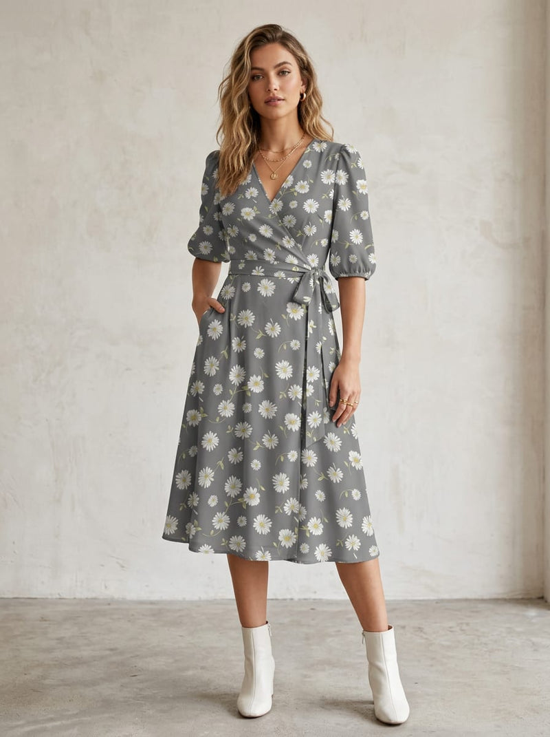 Grey Ditsy Daisy Floral Weightless Digital Printed Fabric