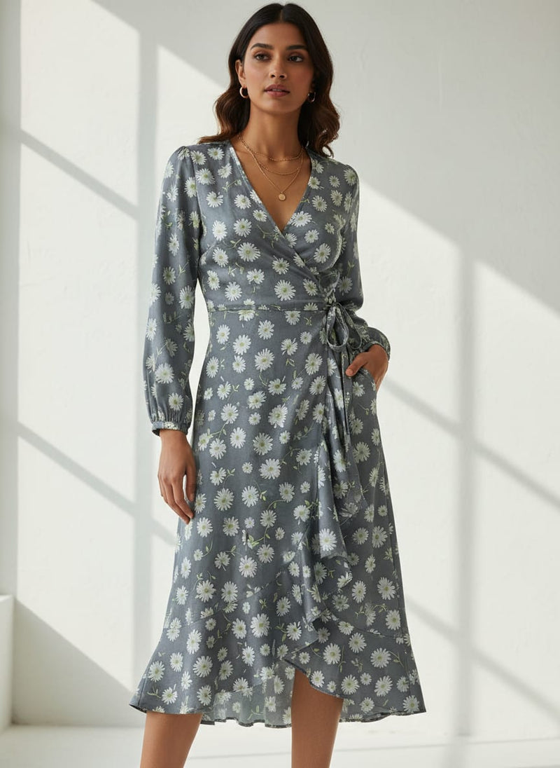 Grey Dainty Daisy Floral Silk Crepe Digital Printed Fabric