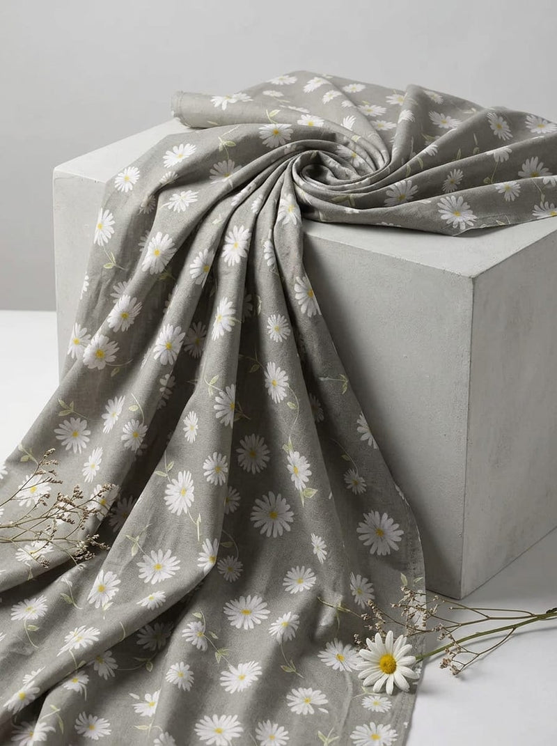 Grey Dainty Daisy Floral Pure Cotton Digital Printed Fabric
