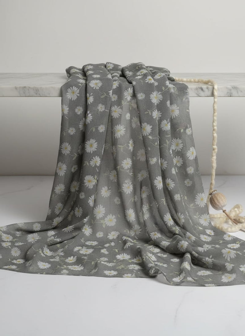 Grey Dainty Daisy Floral Pure Georgette Digital Printed Fabric