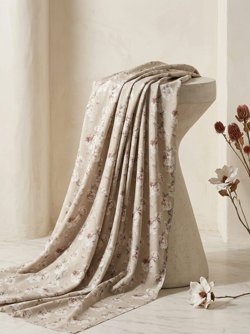 Cream Brown Vintage Floral Rayon Digital Printed Fabric