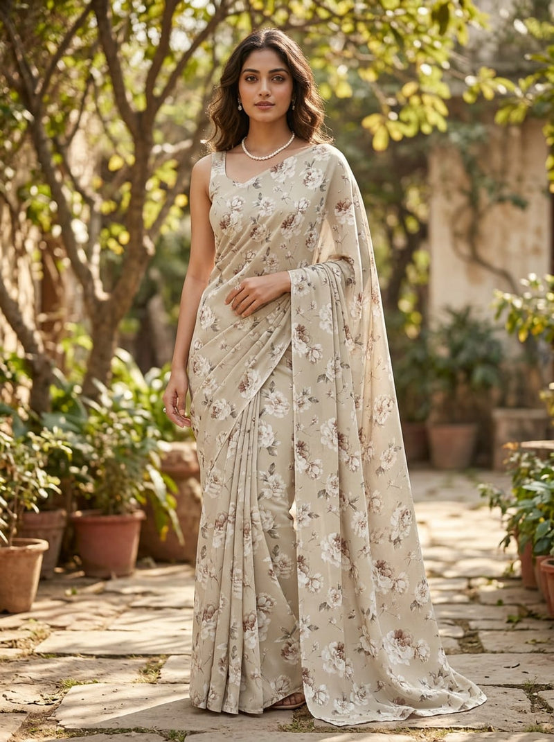 Cream and Brown Vintage Peony Floral Silk Crepe Digital Printed Fabric