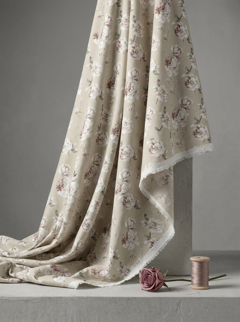 Cream Vintage Peony Floral Pure Cotton Digital Printed Fabric