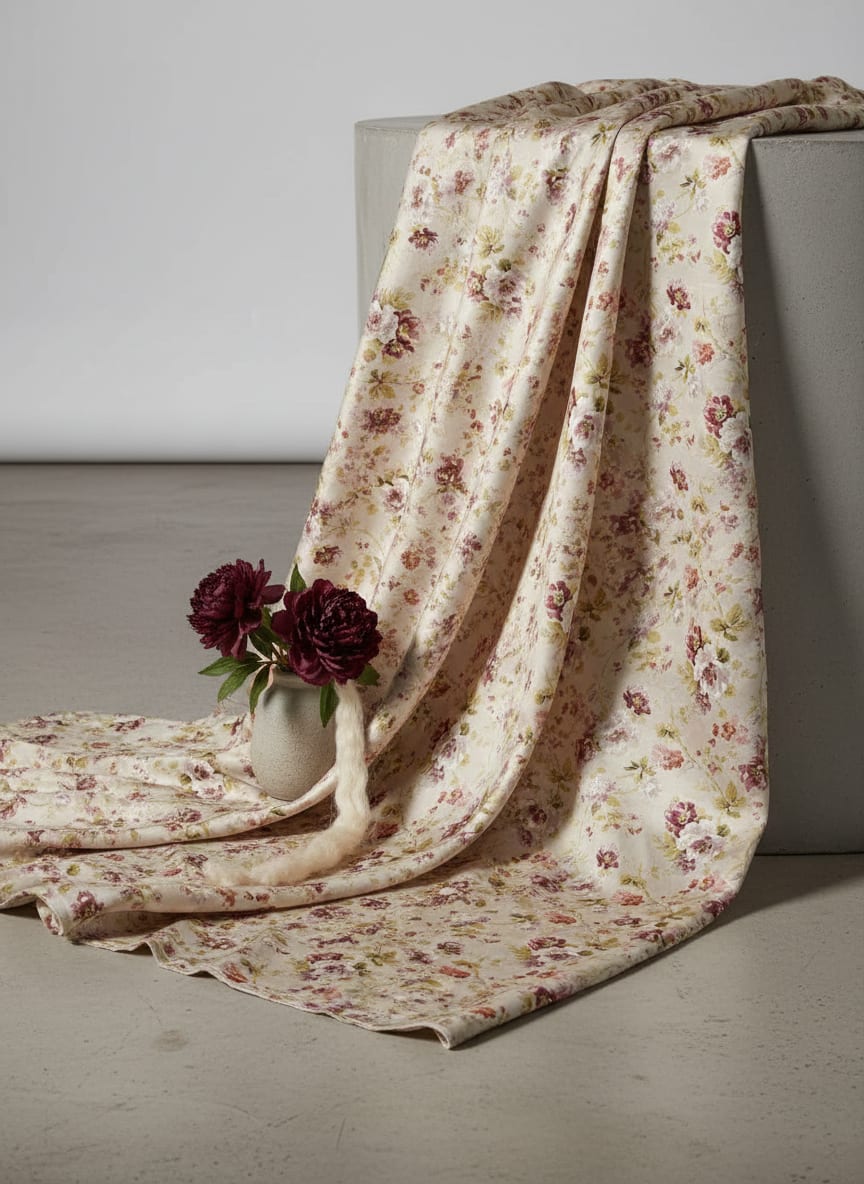 Cream Vintage Ditsy Floral Japan Satin Digital Printed Fabric