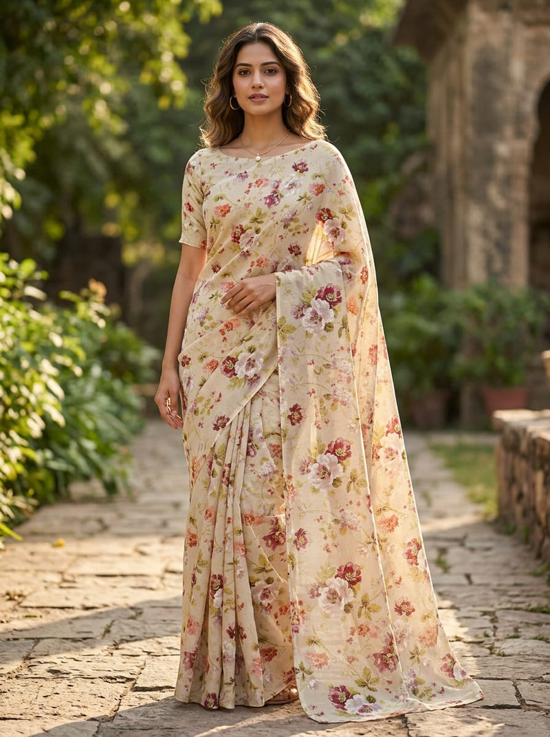 Cream Vintage Peony Floral Kora Silk Digital Printed Fabric