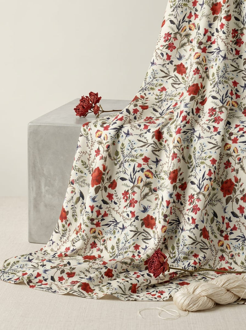 Multicolor Vintage Floral and Bird Print Japan Satin Digital Printed Fabric