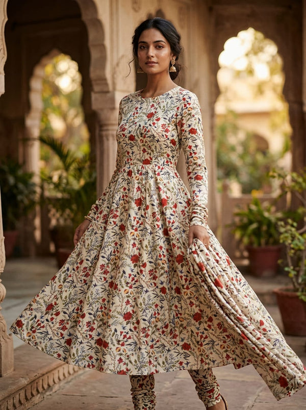 Multicolor Vintage Floral and Bird Print Japan Satin Digital Printed Fabric - Anarkali Kurta Set Lookbook - JS-0-TA05760-110 - alternate view